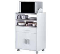 Habitdesign Meuble d'appoint de cuisine avec roulettes, meuble pour micro-ondes, avec 1 tiroir et 2 portes, finition en Blanc « Artik » et gris ciment, dimensions : 59 x 92 x 40 cm (l x H x P).