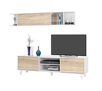 Habitdesign Meuble de salon ou salle à manger, module TV + étagère Blanc brillant et chêne canadien, dimensions : 180 cm (largeur) x 51 cm (hauteur) x 41 cm (profondeur). Modèle Zaiken Plus