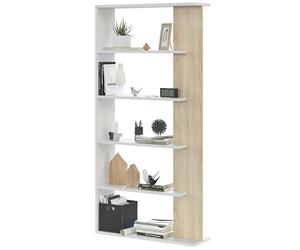 Habitdesign Modèle Alida 5 étagères, bibliothèque pour salon, finition en couleur blanche « Artik » et chêne canadien, dimensions : 180 x 90 x 25 cm (H x l x P).