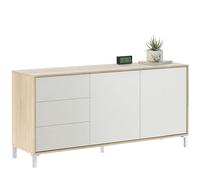 Habitdesign Modèle Brooklyn Buffet 2 Portes + 3 tiroirs Finition chêne Canadien et Blanc « Artik », Dimensions : 74 x 154 x 41 cm (H x l x P).
