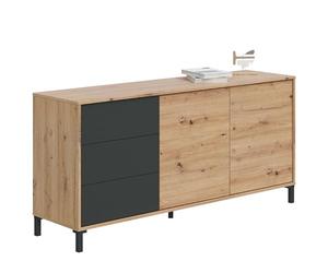 Habitdesign modèle Brooklyn Buffet 2 Portes et 3 tiroirs, Finition chêne « Nodi » et Gris Anthracite, Dimensions : 154 x 74 x 41 cm (l x H x P).
