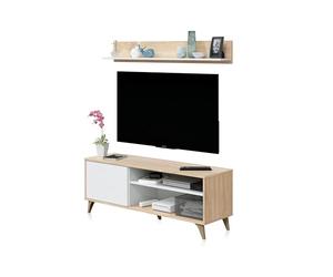 Habitdesign Modèle Kikua Plus Meuble TV avec étagère, meuble de salon, finition blanche « Artik » et chêne canadien, dimensions : 135 x 50 x 40 cm (l x H x P).