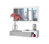Habitdesign Modèle Noon Meuble d'entrée avec tiroir et miroir Finition Blanc « Artik » et gris ciment, dimensions : 95 x 19 x 26 cm (l x H x P).