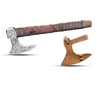 Hache décorative artisanale – Lame en acier au carbone avec manche en bois de noyer – Différents modèles de lames avec manche en cuir – Inclut une housse de protection – 4 pièces