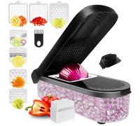 Hachoir 7-en-1 Compact Noir, coupeur/trancheur/râpe salade/oignons/frites/cubes récipient inclus .