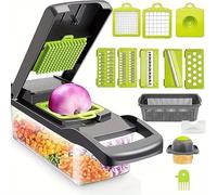 Hachoir à légumes multifonction 16 en 1 - Robot de cuisine manuel avec récipient, panier d'évacuation et protège-mains, vert et noir - Comprend 8 lames