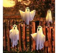 HADAVAKA 4PCS Hanging Ghost Decorations, Cute & Spooky Halloween Lights Up Ghost, Adjustable Arms, with LED Lights, Halloween Outdoor Spooky Decorations for Yard Tree Lawn Garden Party (White)