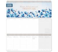 Häfft Calendrier de bureau international 2026 horizontal "Blue Blossoms" | 1 semaine 2 pages, 29,8 x 11,6 cm, multilingue