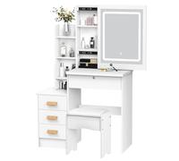 Haibinsuo Bureau de Coiffeuse avec Miroir Coulissant et lumières, Table Maquillage Tabouret rembourré, Chambre Ensemble tiroirs étagères, Espace Rangement Blanc