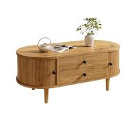 HAINEW HD26052602 Table basse ovale avec 2 tiroirs et 2 portes coulissantes, table d'appoint avec coins arrondis, 100 x 50 x 40 cm, couleur chêne
