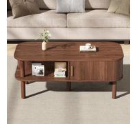 HAINEW HD26070603 Table basse avec portes coulissantes, table d'appoint avec coins arrondis, 110 x 55 x 45 cm, noyer