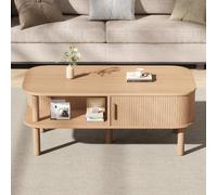 HAINEW HD26070603 Table basse avec portes coulissantes, table d'appoint avec coins arrondis, 110 x 55 x 45 cm, couleur bois