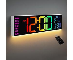 HAITANG Digitale Wandklok - 8 Kleuren Digitale Wandklok 16,2" Grote Digitale Klok met Temperatuur, Datum, Nachtlampje, Automatische Helderheidsregeling, 24/12 Uur voor Woonkamer, Kantoor, Sportschool