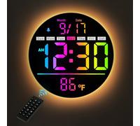 HAITANG Horloge Murale Numérique 8'' avec Changement de Couleur RGB & Télécommande, Luminosité Auto, Température, Heure d'été, Veilleuse, Alarme Mode Semaine/Weekend pour Maison/Chambre/Bureau-Noir