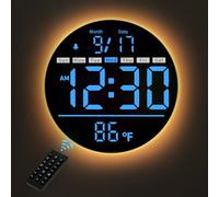 HAITANG Horloge Murale Numérique 8'' Grande Taille avec Télécommande, Luminosité Auto, Température, Heure d'été, Veilleuse, Alarme Mode Semaine/Weekend pour Maison/Chambre/Bureau (Chiffres Bleus)-Noir
