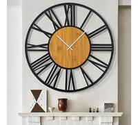 Horloge romaine ronde en bois de 80 cm, couleur noire, pour la décoration du salon ; style vintage ; horloge murale silencieuse, sans tic-tac, pour la maison, le jardin, le bureau, un café ou la décor