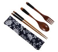 HAKIDZEL Set de Couverts Bois avec Fourchette et Cuillère Ensemble de Table Léger et Portable Comprenant Pochette de Rangement Noire pour Repas Plein Air et Voyage