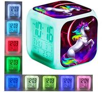Hakie Réveils numériques Licorne Multicolore Cube LCD LED de Nuit Horloge de Chevet Cadeaux Anniversaire Noël pour Enfants Adulte (A)