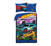 Halantex Hot Wheels Parure de Lit Enfant Réversible 140x200 cm - Housse de Couette et Taie d'oreiller 100% Polyester - Certifié Oeko-Tex Standard 100 - Motif Voitures de Course Race Team Bleu