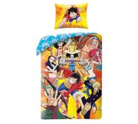 Halantex Parure de Lit One Piece Enfant - Housse de Couette Réversible 140x200 cm avec Taie d’Oreiller - 100% Polyester - Certifiée Oeko-Tex Standard 100 - Motif Luffy et Équipage