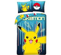 Halantex Parure de lit Pokémon Pikachu Jaune Bleu 2 pièces Housse de Couette 140 x 200 cm + 1 taie d'oreiller. 100% Coton certifié Oeko-Tex.