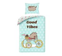 Halantex Parure de Lit Réversible Pusheen, 100% Coton, Housse de Couette 140x200 cm + Taie d'oreiller, Good Vibes