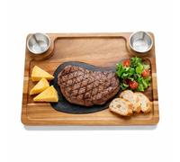 HALE OTEIR Plateau de service en bois d'acacia avec plateau en ardoise, planche de service en bois avec 2 bols à sauce, plateau à fromage rustique, planche à steak, plaque de cuisson et planche à