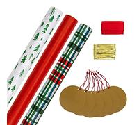 Hallmark Compendium de cadeaux de Noël, lot de 3 paquets de papier cadeau, 2 m chacun, 6 étiquettes cadeaux, 2 rubans en raphia, tartan, rouge, blanc, vert