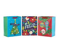 Hallmark VIDA Grand sac cadeau de Noël 33 cm (3 sacs cadeaux espagnols : Feliz Navidad, Felices Festas, arbre, fleurs, ornements colorés)