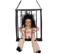 Halloween Animatronics Yeux Lumineux à Suspendre avec crâne de Prisonnier Suspendu avec capteur de Mouvement activé, décorations Squelette animées pour fête, Maison hantée, Cour, pelouse, effrayan