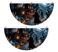 Halloween Bunting - Bannière de porche double face en demi-éventail | Présentoir 2 pièces, Design imprimé réversible, décor suspendu léger, clôtures adaptées, balcons, patios, entrées hantées P