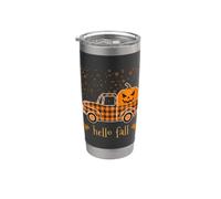 Halloween Citrouille Buffalo Plaid Camion Bonjour Arbre Feuilles d'automne Gobelet isotherme en acier inoxydable double paroi