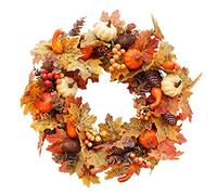 Halloween Decoration,Couronne de Porte d'automne de 50 Cm, Couronne de Feuilles D'éRable Artificielles pour Porte D'EntréE et de NoëL D'IntéRieur DéCoration avec Citrouille et Baies，A