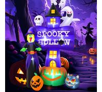 Halloween Décoration gonflable en extérieur 2,5M Fantôme terrible avec lumières LED, chat tête de mort et citrouille pour intérieur extérieur jardin fête