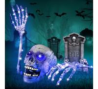 Halloween Décoration Squelette,Halloween Squelette Effrayant Réalistes de Squelette Décorations Mains Crâne Déco de Cimetière, Squelette Lumineux Décorations de Fête d'halloween
