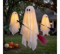 Halloween Decorations - 3 Pack Hanging Ghosts On Brooms With Light | Flying Spooky Ghost Ornament For Tree, Porch, Yard, Patio, Front Window Home Office Party School Halloween Decorations