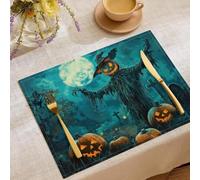 Halloween Effrayant Set De Table Lavable en Machine,Lot De 6 45 X 30 Cm Réutilisable Lin De Coton Set De Table Résistant À La Chaleur (Épouvantail Citrouille Cimetière,Cyan)