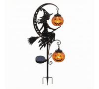 Halloween Lampe de Sol Extérieure Lampe de Jardin Balise Solaire Décor Lanterne Métal Fer Sorcière Citrouille Lune à Découpe d'Étoiles avec