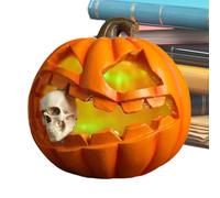 Halloween Light Up Pumpkin - Skull Tabletop Lamp, Spooky Sculpture Decor | Button Battery Powered Light Fixture | Seasonal Halloween Party Gathering Desktop Decor, Glowing Skeleton Pumpkin Accent Set