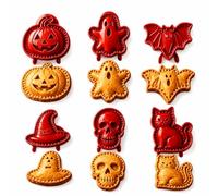 Halloween Mini Pie Moulds for Baking,Reusable Hand Pie Maker Mould Kit with Ghost Pumpkin Skull Bat Cat Shapes, Embossed Biscuit Cookie Cutters for Halloween Desserts (6pcs*e)