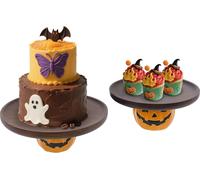Halloween Plateau à gâteaux - Présentoir à gâteaux avec pied - Bois d'acacia - Set de 2 - Citrouille + Rond - Ø21,5 & 26 cm, H 9,8 cm - Finition bois-huile de cire - Marron foncé & Orange