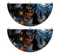 Halloween Pleated Fan Flag - 2-Piece Set | Double-Sided Spooky Bunting | Halloween Fence Decorations for Home House Garage Porch Balcony Patio Deck Fence Yard Front Entryway Hallway Wall