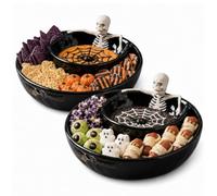 Halloween Skeleton Chip and Dip Serving Bowl Skull Dishes Spooky Salsa | Gothic Ceramic Snack Platter Bowls, Decorative Party Tray Candy Dish Plates for Eating Fruit Crackers Nuts(Black - 2pcs)