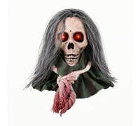 Halloween Skeleton Prop Tête de Squelette Statue Décor Figurine avec Yeux Rouges Lumineux Chevelure Grise et Voile Déchiré Ambiance Terrifiante avec, Array, Couleur Peau, 24X20X20