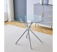 Hallowood Furniture Cullompton Petite table de salle à manger ronde en verre avec pieds croisés en acier inoxydable 2-4 places pour salle à manger, cuisine ou café (90 cm)
