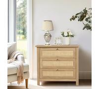 Hallowood Furniture Newquay Commode à 3 tiroirs en bois avec façade en rotin - Meuble de rangement multifonction en chêne clair pour chambre à coucher, salon et couloir
