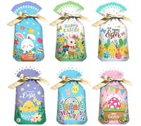 HaloCasa Pack 50 Sacs Cadeaux de Pâques, Sachet Bonbons de Lapin Oeufs et Printemps Sacs Cadeaux à Cordon de Serrage Sacs Plastiques Pochettes à Sucrerie Biscuits Friandises pour Fêtes Pâques