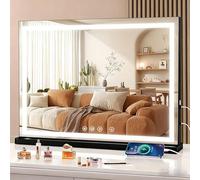 halumao Miroir de courtoisie avec lumières, 80 x 60 cm, grand miroir de maquillage avec lumières LED, Smart Touch à intensité variable, lumière 3 couleurs, fonction mémoire, port de charge USB