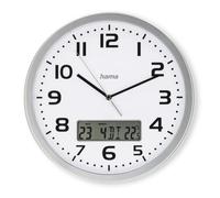 Hama Horloge Murale DCF Moorea (Pendule Murale avec Affichage Digital de la Date et de la Température, Montre de Cuisine Ø 30 cm, Idéale Entrée, Salon, Cuisine, Atelier ou Salle d'attente) Argent