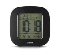 Hama Reveil Numérique LDC (Mini Réveil Radio-Piloté DCF, Alarme avec Acceleration, Snooze, Date, Température, Rétroéclairage LED Bleu, Réveil de Voyage Compact, Horloge de Bureau) Noir